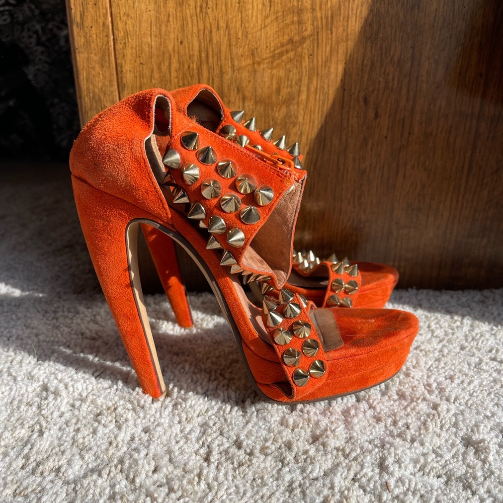 Jeffrey Campbell Orange and Gold Spiked Pumps with Ankle Cuff size 6.5
